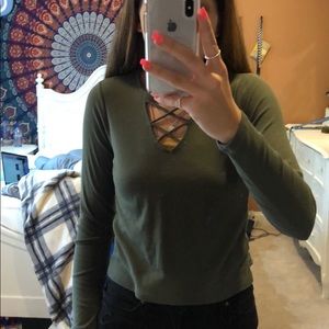 hollister green lace down shirt